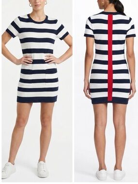 Mo:vint Navy Blue White Stripe Nautical Short Sleeve Knit Bodycon Dress Sz M